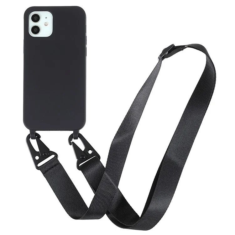 Per iPhone 12 mini 5,4 pollici, superficie opaca, morbida pelle, flessibile TPU, anti-graffio, custodia protettiva per telefono con tracolla - Nero