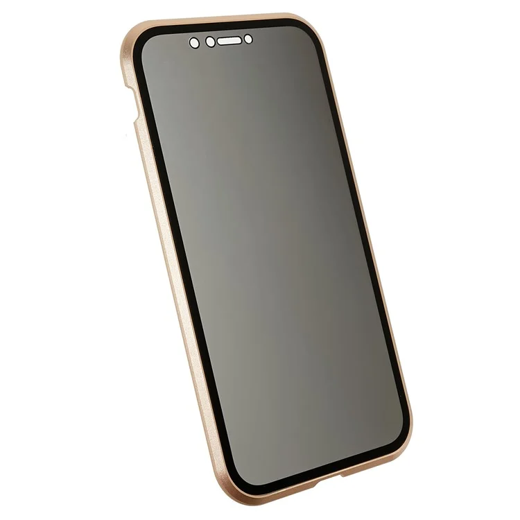 For iPhone XR 6.1 inch Privacy Magnetic Case Anti-Peeping Double-Sided Tempered Glass + Metal Bumper Frame Full Protective Phone Cover - Gold