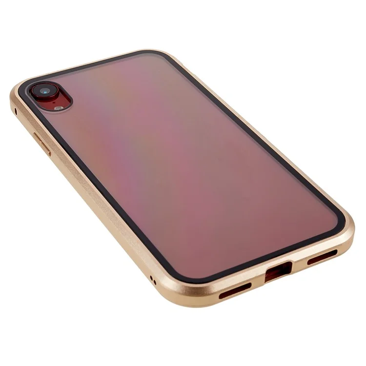 For iPhone XR 6.1 inch Privacy Magnetic Case Anti-Peeping Double-Sided Tempered Glass + Metal Bumper Frame Full Protective Phone Cover - Gold