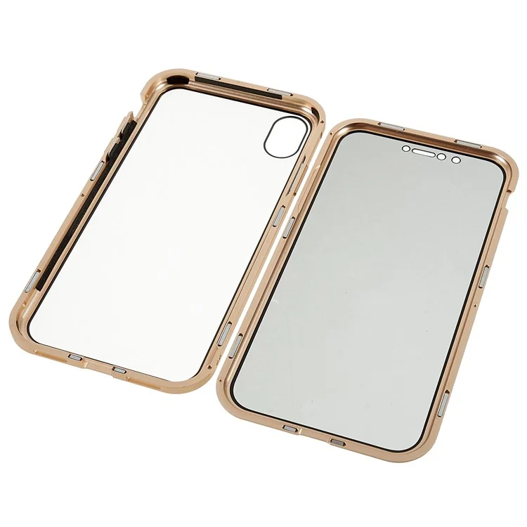 For iPhone XR 6.1 inch Privacy Magnetic Case Anti-Peeping Double-Sided Tempered Glass + Metal Bumper Frame Full Protective Phone Cover - Gold