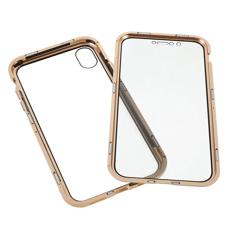 For iPhone XR 6.1 inch Privacy Magnetic Case Anti-Peeping Double-Sided Tempered Glass + Metal Bumper Frame Full Protective Phone Cover - Gold