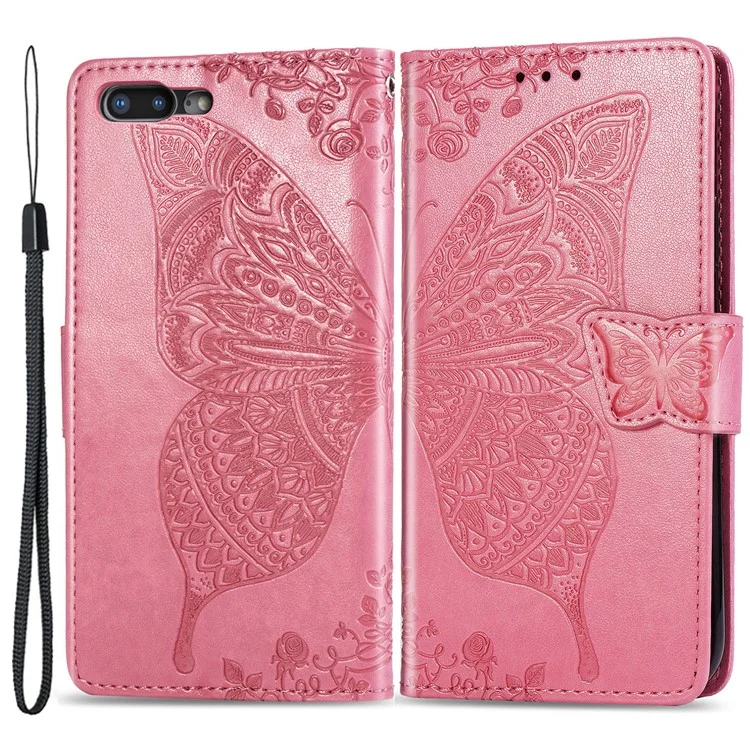 For iPhone 7 Plus / 8 Plus 5.5 inch Butterfly Flower Pattern Imprinted PU Leather Magnetic Flip Cover Viewing Stand Hand Strap Wallet Purse Case with Strap - Pink