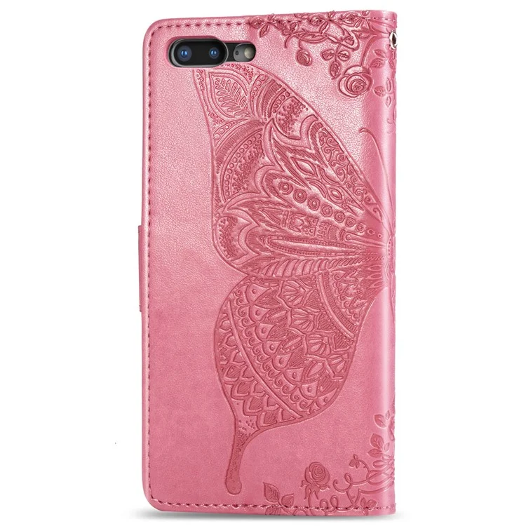 For iPhone 7 Plus / 8 Plus 5.5 inch Butterfly Flower Pattern Imprinted PU Leather Magnetic Flip Cover Viewing Stand Hand Strap Wallet Purse Case with Strap - Pink
