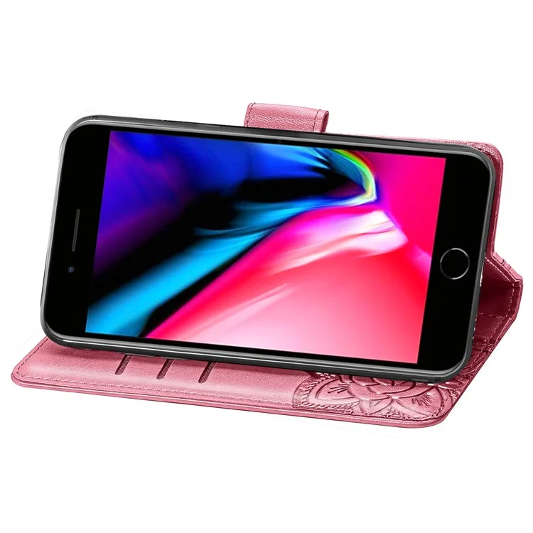 For iPhone 7 Plus / 8 Plus 5.5 inch Butterfly Flower Pattern Imprinted PU Leather Magnetic Flip Cover Viewing Stand Hand Strap Wallet Purse Case with Strap - Pink