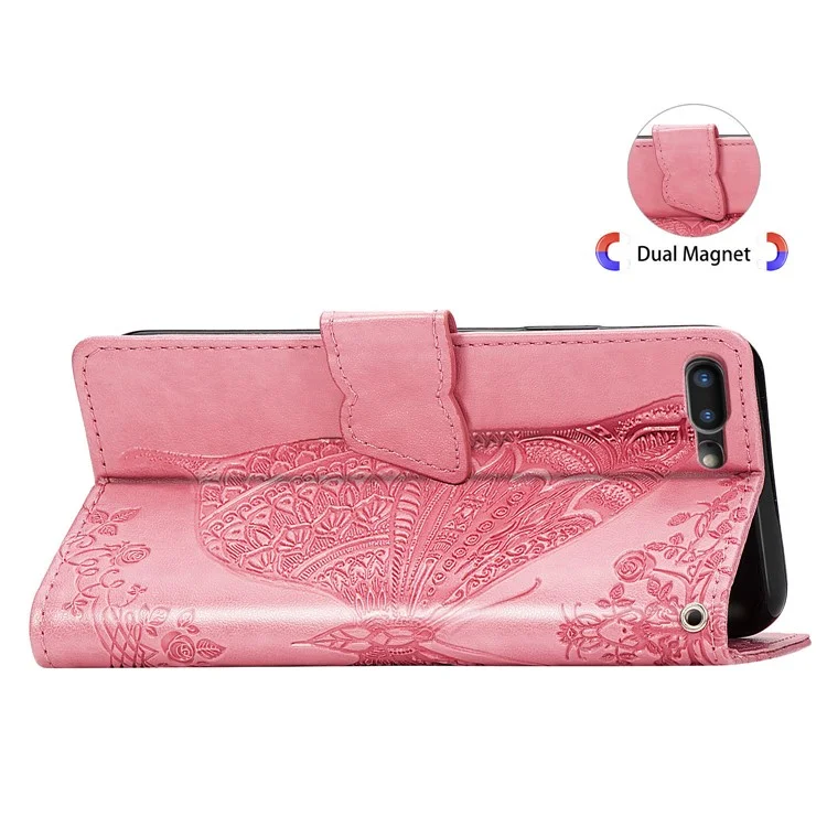 For iPhone 7 Plus / 8 Plus 5.5 inch Butterfly Flower Pattern Imprinted PU Leather Magnetic Flip Cover Viewing Stand Hand Strap Wallet Purse Case with Strap - Pink