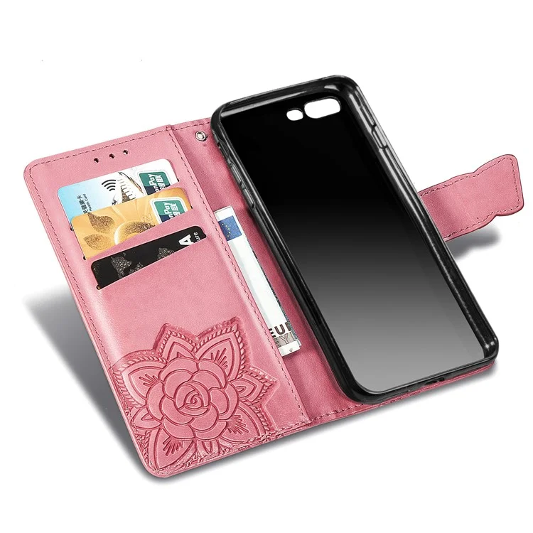 For iPhone 7 Plus / 8 Plus 5.5 inch Butterfly Flower Pattern Imprinted PU Leather Magnetic Flip Cover Viewing Stand Hand Strap Wallet Purse Case with Strap - Pink