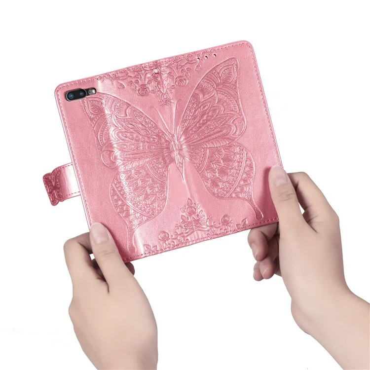 For iPhone 7 Plus / 8 Plus 5.5 inch Butterfly Flower Pattern Imprinted PU Leather Magnetic Flip Cover Viewing Stand Hand Strap Wallet Purse Case with Strap - Pink