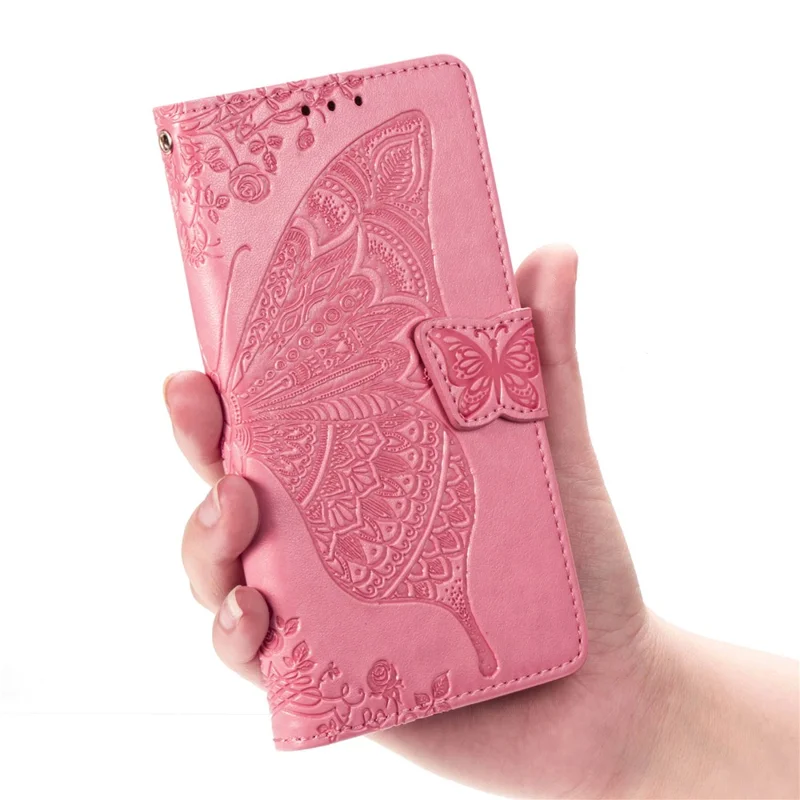 For iPhone 7 Plus / 8 Plus 5.5 inch Butterfly Flower Pattern Imprinted PU Leather Magnetic Flip Cover Viewing Stand Hand Strap Wallet Purse Case with Strap - Pink