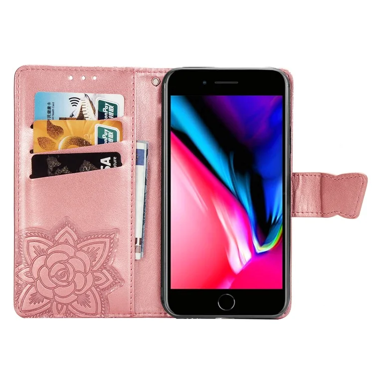 Per iPhone 7 4.7 pollici/8 4.7 pollici/SE (2020)/SE (2022) Imprinting Butterfly Flower PU Leather Stand Cover Wallet Phone Case - Rose Gold