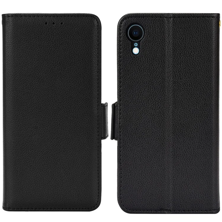 Pour iPhone XR 6.1 pouces Solid Color Litchi Texture PU Leather Mobile Phone Stand Case Protective Shell with Wallet - Noir