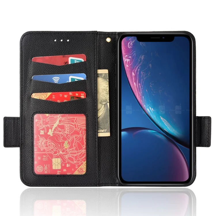 Pour iPhone XR 6.1 pouces Solid Color Litchi Texture PU Leather Mobile Phone Stand Case Protective Shell with Wallet - Noir