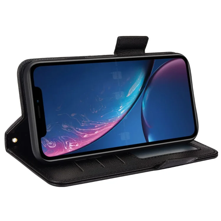 Pour iPhone XR 6.1 pouces Solid Color Litchi Texture PU Leather Mobile Phone Stand Case Protective Shell with Wallet - Noir