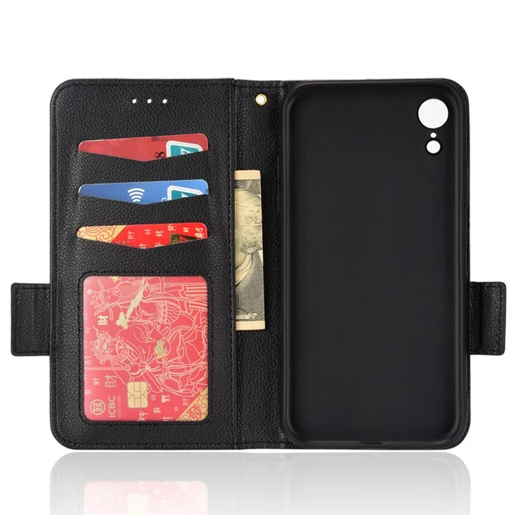 Pour iPhone XR 6.1 pouces Solid Color Litchi Texture PU Leather Mobile Phone Stand Case Protective Shell with Wallet - Noir