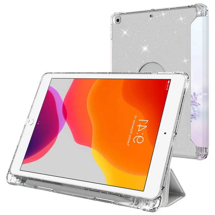 For iPad 10.2 (2021)/(2020)/(2019) Trifold Stand TPU+PU Leather Glittery Sequins Pattern Stylish Tablet Case Cover - Style A