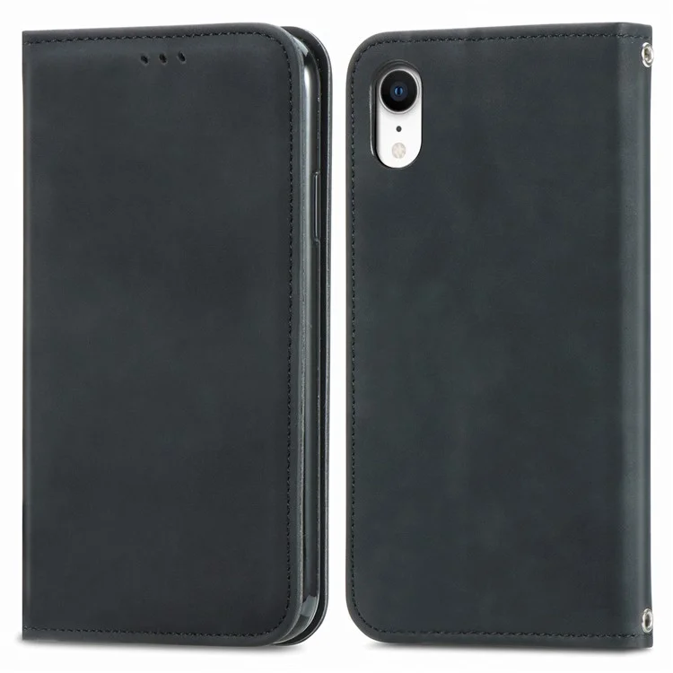 For iPhone XR 6.1 inch Card Slots Design Retro Skin-Touch Feeling PU Leather Full-protection Phone Stand Case Magnetic Cover - Black