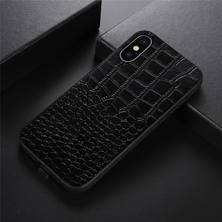 For iPhone XS Max 6.5 inch Crocodile Texture Phone Cover Genuine Cowhide Leather Coated PC + TPU Hybrid Case - Black