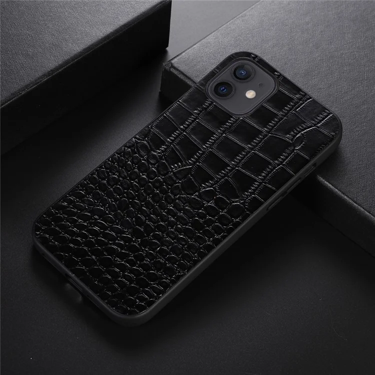 For iPhone 11 6.1 inch Genuine Cowhide Leather Coating PC + TPU Case Fashionable Crocodile Texture Mobile Phone Cover - Black