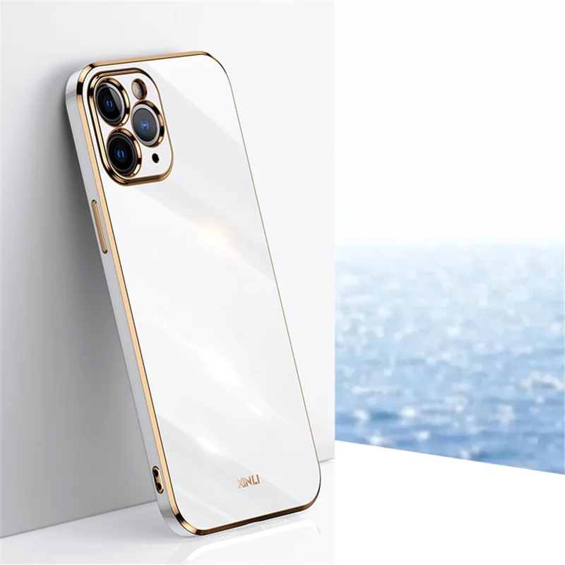 XINLI for iPhone 12 Pro Max 6.7 inch Stylish Electroplating Golden Edge TPU Mobile Phone Case Precise Lens Cutout Protective Cover - White