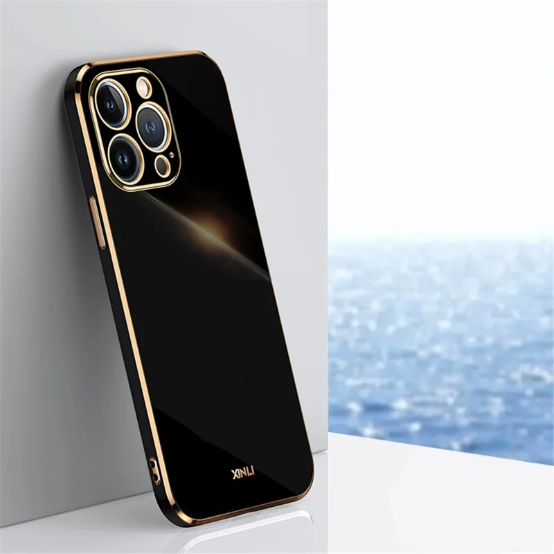 XINLI for iPhone 13 Pro 6.1 inch Anti-scratch Drop-proof Precise Cutout Case Electroplating Golden Edge Soft TPU Shell - Black