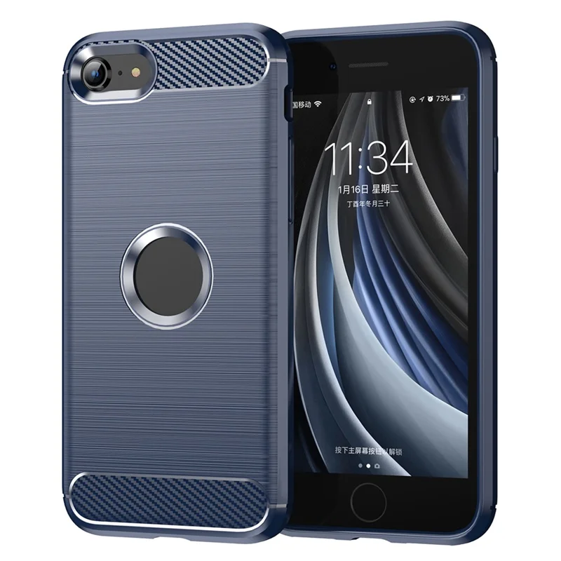 For iPhone SE 2022/SE 2020 Carbon Fiber Texture Brushed Surface 1.8mm TPU Phone Case Shell - Blue
