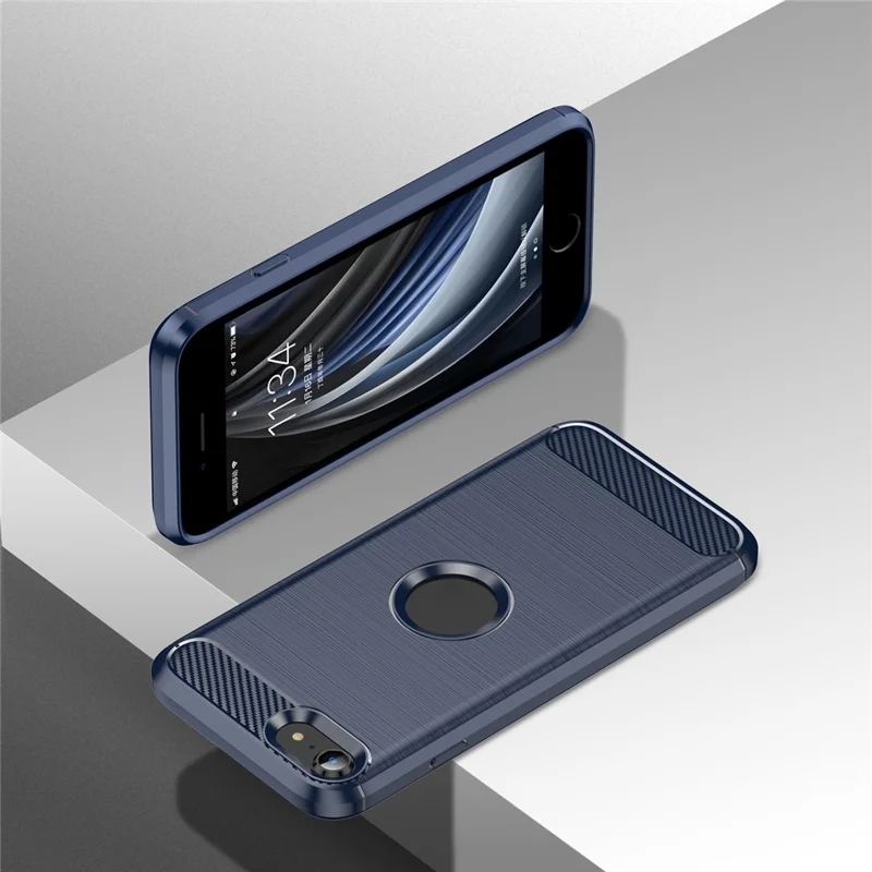 For iPhone SE 2022/SE 2020 Carbon Fiber Texture Brushed Surface 1.8mm TPU Phone Case Shell - Blue