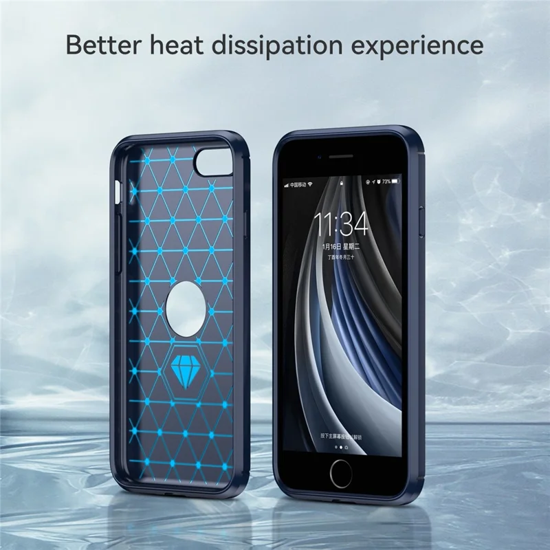 For iPhone SE 2022/SE 2020 Carbon Fiber Texture Brushed Surface 1.8mm TPU Phone Case Shell - Blue