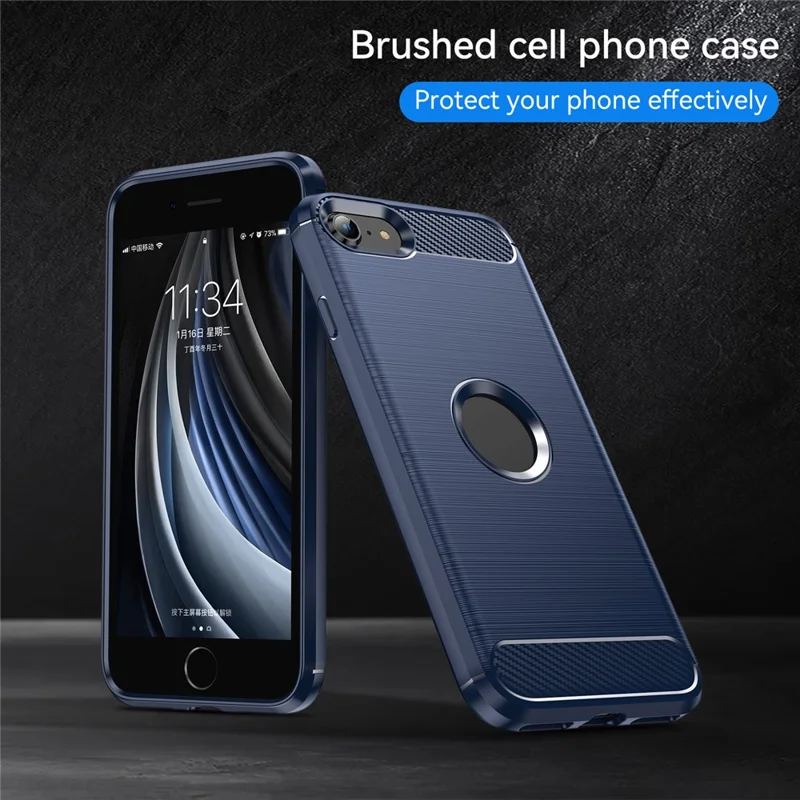 For iPhone SE 2022/SE 2020 Carbon Fiber Texture Brushed Surface 1.8mm TPU Phone Case Shell - Blue