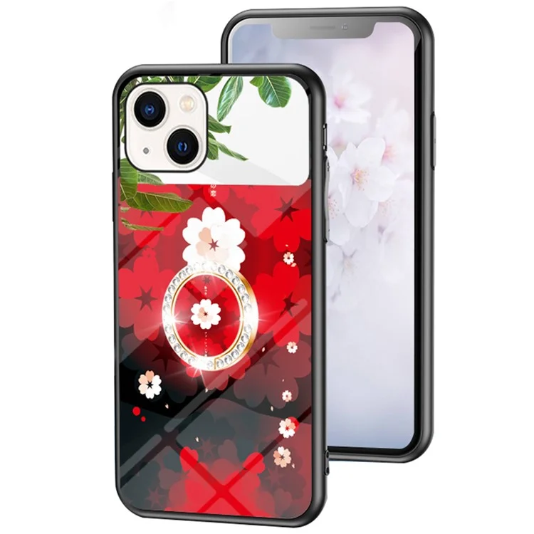 Magic Mirror Series Mirror Function Phone Case for iPhone 13 6.1 inch, Flower Pattern Kickstand Tempered Glass + PC + TPU Hybrid Cover - Love of Sakura