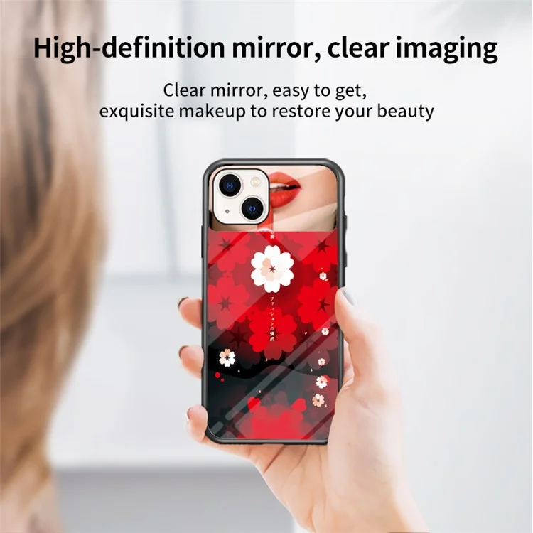 Magic Mirror Series Flower Patry Stattern Funda Telefónica Para IPhone 13 Mini 5.4 Pulgadas, Diseño De Espejo Vidrio Templado + PC Tapa Protectora De Marco TPU Con Llavero De Anillo - Amor De Sakura