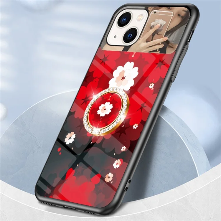 Magic Mirror Series Flower Patry Stattern Funda Telefónica Para IPhone 13 Mini 5.4 Pulgadas, Diseño De Espejo Vidrio Templado + PC Tapa Protectora De Marco TPU Con Llavero De Anillo - Amor De Sakura