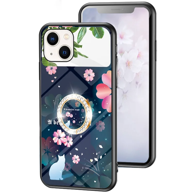 Magic Mirror Series Flower Pattern Phone Case for iPhone 13 mini 5.4 inch, Mirror Design Tempered Glass + PC Back TPU Frame Protective Cover with Ring Kickstand - Sakura Cat