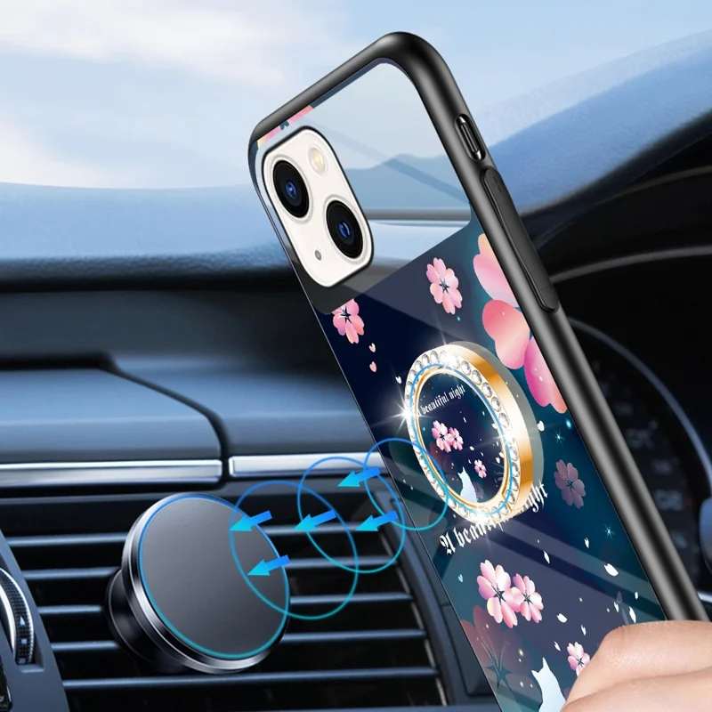 Magic Mirror Series Flower Pattern Phone Case for iPhone 13 mini 5.4 inch, Mirror Design Tempered Glass + PC Back TPU Frame Protective Cover with Ring Kickstand - Sakura Cat