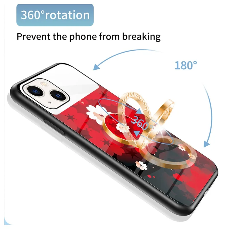 Magic Mirror Series Flower Pattern Phone Case for iPhone 13 mini 5.4 inch, Mirror Design Tempered Glass + PC Back TPU Frame Protective Cover with Ring Kickstand - Sakura Cat