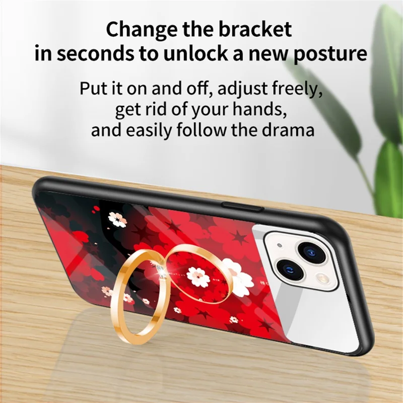 Magic Mirror Series Flower Pattern Phone Case for iPhone 13 mini 5.4 inch, Mirror Design Tempered Glass + PC Back TPU Frame Protective Cover with Ring Kickstand - Sakura Cat