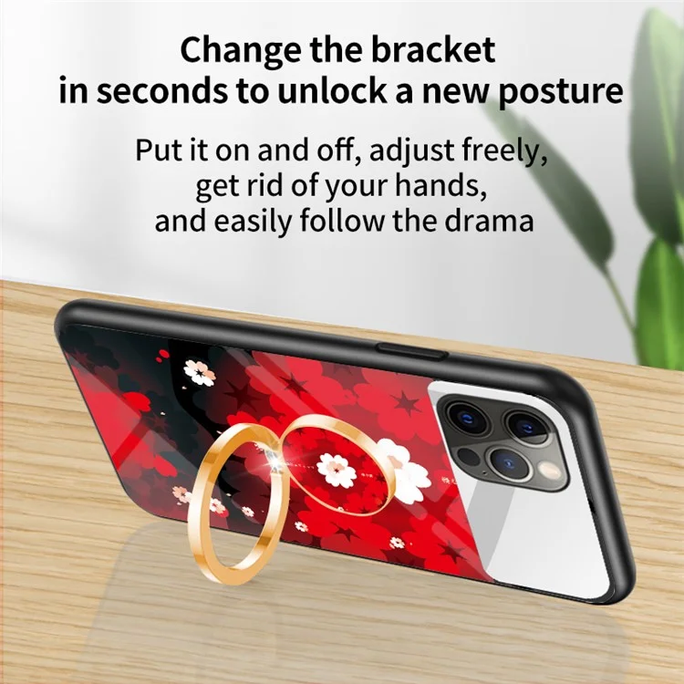 Magic Mirror Series for iPhone 13 Pro 6.1 inch Flower Pattern Phone Case Tempered Glass + PC + TPU Cover with Mirror and Ring Kickstand - Love of Sakura