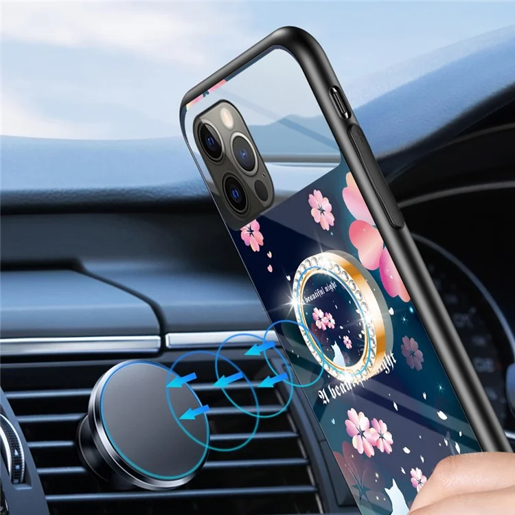 Magic Mirror Series for iPhone 13 Pro 6.1 inch Flower Pattern Phone Case Tempered Glass + PC + TPU Cover with Mirror and Ring Kickstand - Love of Sakura