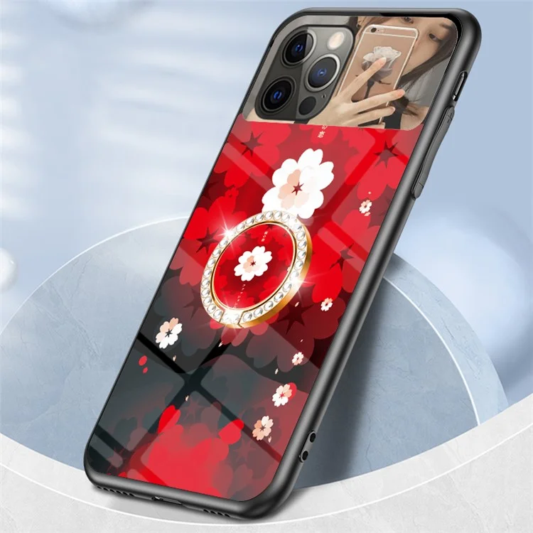 Magic Mirror Series for iPhone 13 Pro 6.1 inch Flower Pattern Phone Case Tempered Glass + PC + TPU Cover with Mirror and Ring Kickstand - Love of Sakura