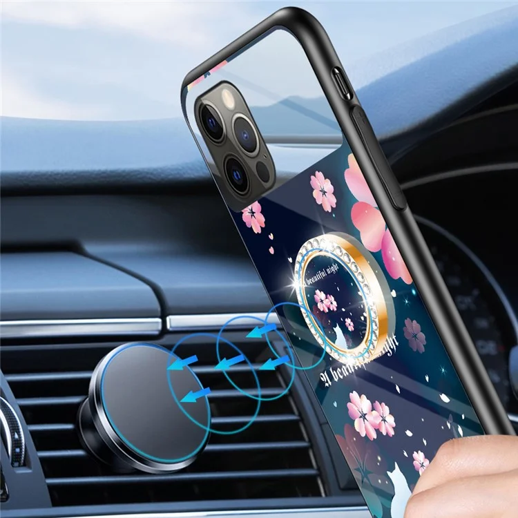 Étui de Téléphone Magic Mirror Series Pour Iphone 13 Pro Max 6,7 Pouces, Motif de Fleur Kickstand Temperred Glass + PC + TPU Couvercle Avec Fonction Miroir - L'amour de Sakura