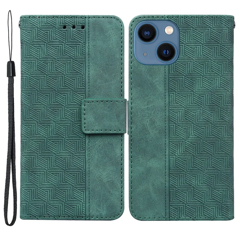 For iPhone 13 6.1 inch PU Leather Wallet Flip Cover Stand Function Geometry Imprinted Folio Protective Case with Strap - Green