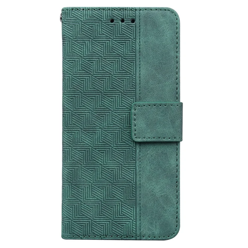For iPhone 13 6.1 inch PU Leather Wallet Flip Cover Stand Function Geometry Imprinted Folio Protective Case with Strap - Green