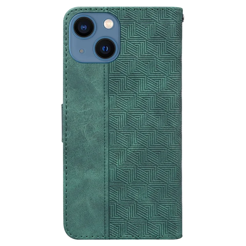 For iPhone 13 6.1 inch PU Leather Wallet Flip Cover Stand Function Geometry Imprinted Folio Protective Case with Strap - Green