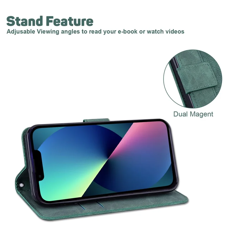 For iPhone 13 6.1 inch PU Leather Wallet Flip Cover Stand Function Geometry Imprinted Folio Protective Case with Strap - Green