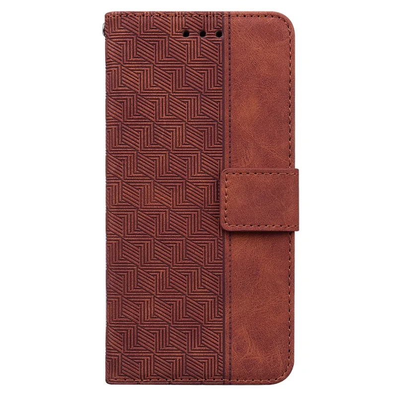 For iPhone 13 6.1 inch PU Leather Wallet Flip Cover Stand Function Geometry Imprinted Folio Protective Case with Strap - Brown