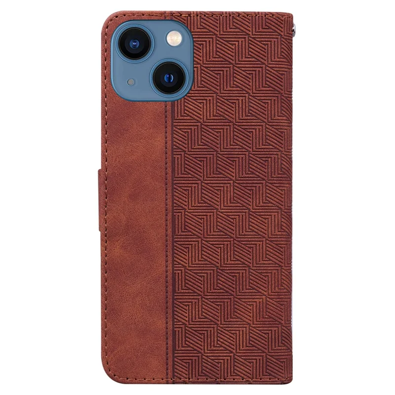 For iPhone 13 6.1 inch PU Leather Wallet Flip Cover Stand Function Geometry Imprinted Folio Protective Case with Strap - Brown