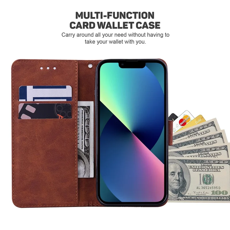 For iPhone 13 6.1 inch PU Leather Wallet Flip Cover Stand Function Geometry Imprinted Folio Protective Case with Strap - Brown