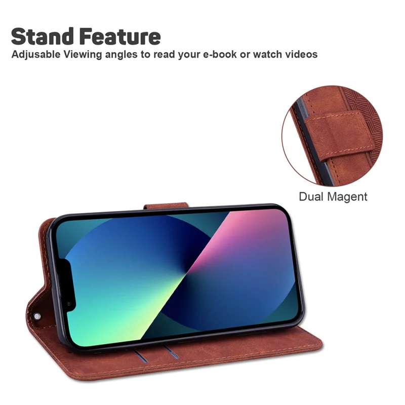 For iPhone 13 6.1 inch PU Leather Wallet Flip Cover Stand Function Geometry Imprinted Folio Protective Case with Strap - Brown