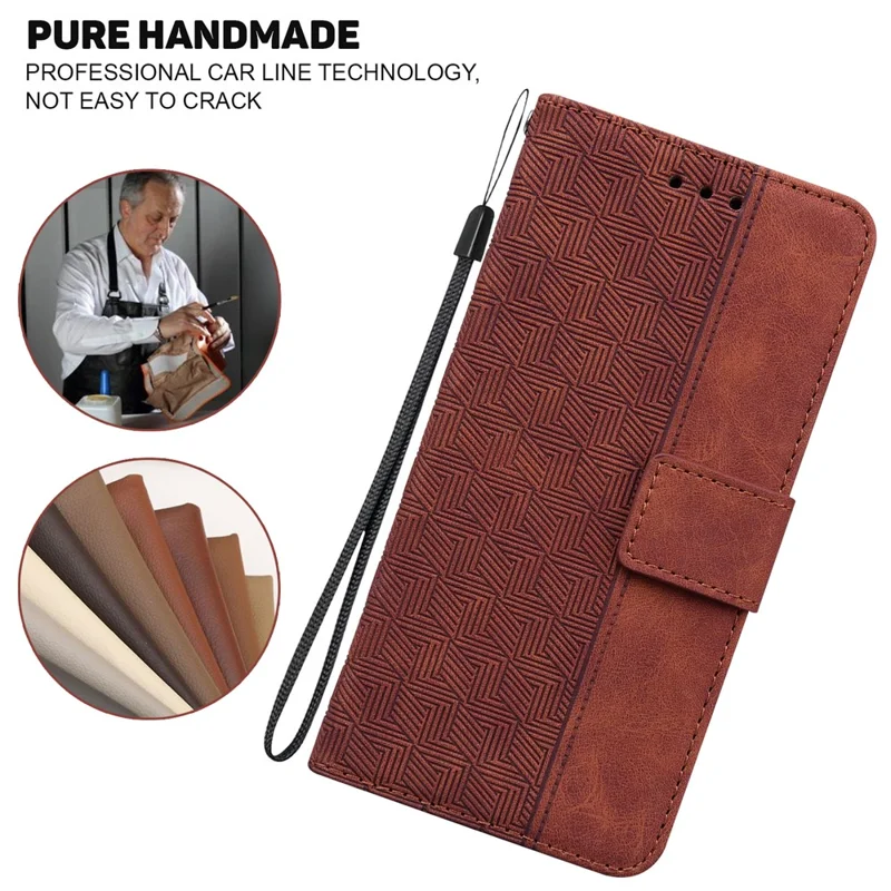 For iPhone 13 6.1 inch PU Leather Wallet Flip Cover Stand Function Geometry Imprinted Folio Protective Case with Strap - Brown
