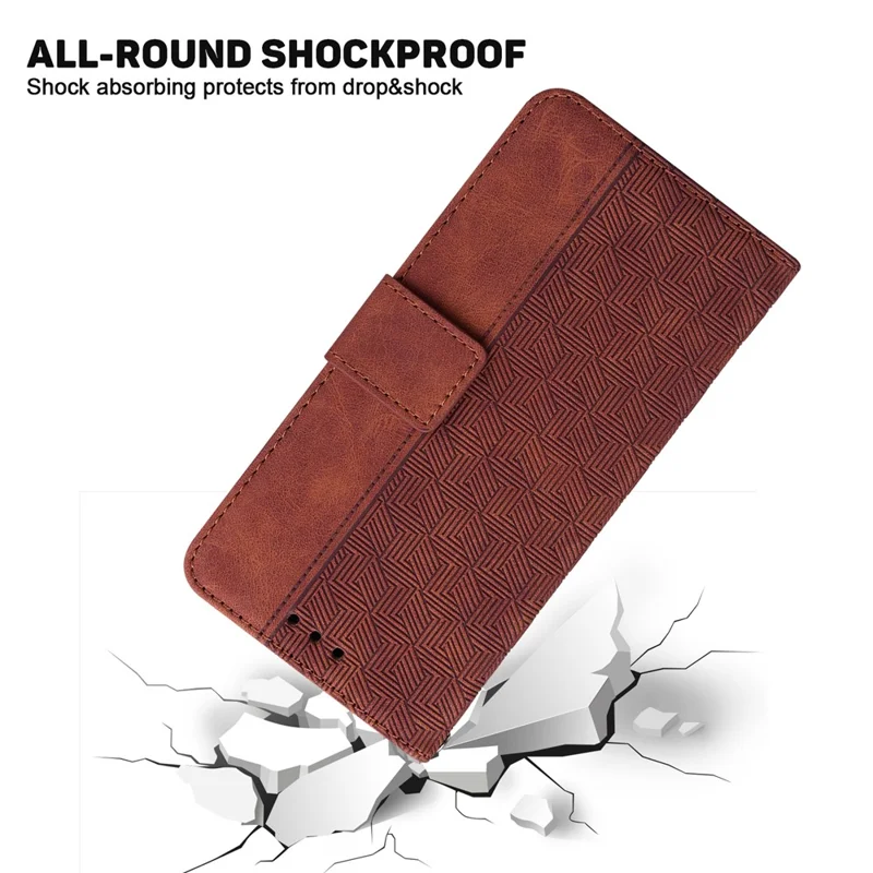 For iPhone 13 6.1 inch PU Leather Wallet Flip Cover Stand Function Geometry Imprinted Folio Protective Case with Strap - Brown