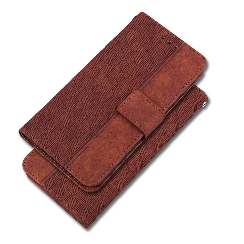 For iPhone 13 6.1 inch PU Leather Wallet Flip Cover Stand Function Geometry Imprinted Folio Protective Case with Strap - Brown