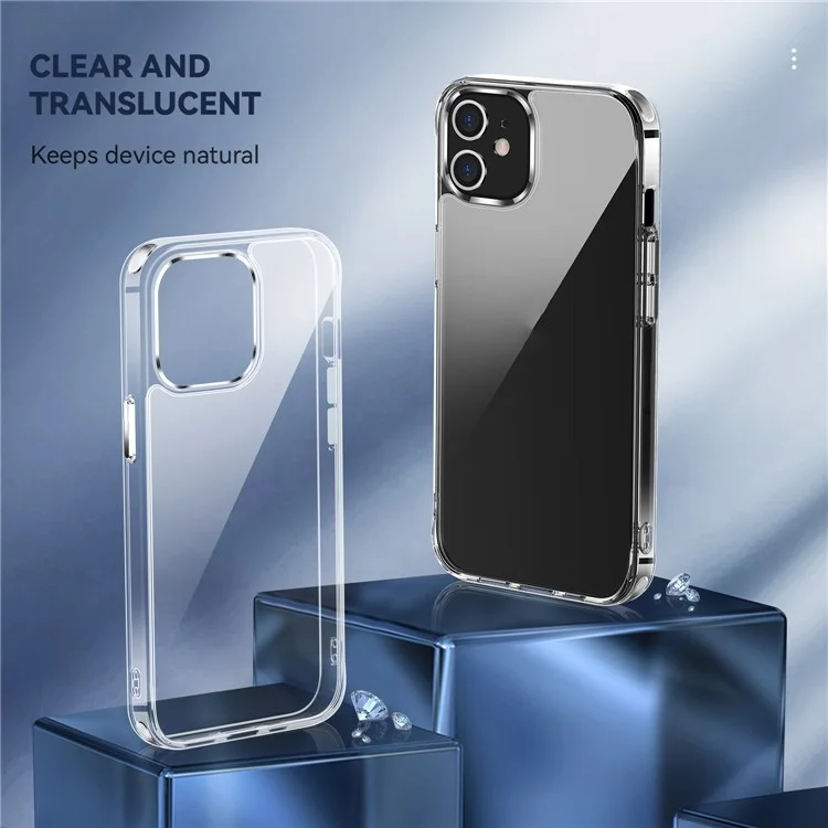 Electroplating Crystal Clear TPU + PC Hybrid Phone Cover for iPhone 12 6.1 inch, Electroplating Side Keys Transparent Mobile Phone Accessory